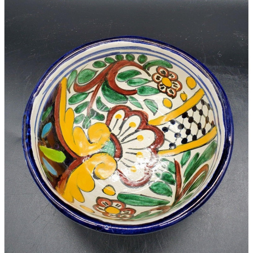 Hand Made Talavera Mexican Folk Art Floral Bowl 5.5" Ceramic White Unsigned